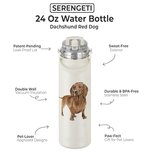 SERENGETI 24 Oz Water Bottle Stainless Steel with Spill Proof Lid - Double walled Vacuum Insulated water flask - Realistic 3D Print of your favorite dog (Dachshund red) - color: Dachshund red