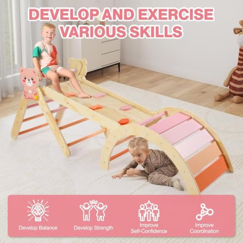 Pikler Triangle Set with Cushion, 7 in 1 Toddler Climbing Toys Indoor | Foldable Space-saving Design, Montessori-inspired Learning, Reversible Slide & Ramp, ASTM F963 Standards for Toddlers 18M-5Y - color: Bear