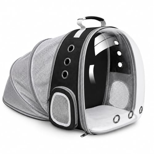 Expandable Cat Carrier Backpack with Bubble Window and Mesh, Black | Anti-collapse frame, breathable mesh, escape-resistant zipper clips and safety leash for vet visits and outdoor travel. - color: Black