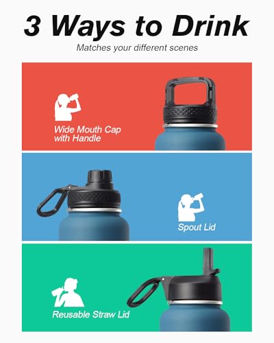 Coolflask 32 oz Water Bottle Insulated with Straw & 3 Leakproof Lids | Water Flask Stainless Steel Triple-Wall Vacuum,Cold 48+h, Dishwasher Safe,Wide Mouth,BPA-Free,Carrier Bag,for Gym,Hiking - color: Samurai Cyan, size: 32 Ounces