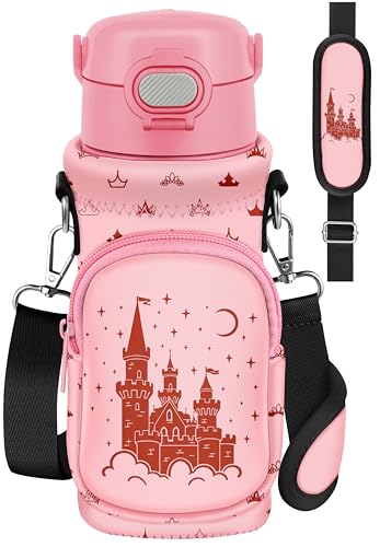 Water Bottle Carrier with Strap for Kids, 14-20 oz | Insulated, Neoprene Water Bottle Holder Bag with Pocket, Cute Cartoon, Bottle Bag for boys and girls, Walking Hiking Camping - color: Pink Castle