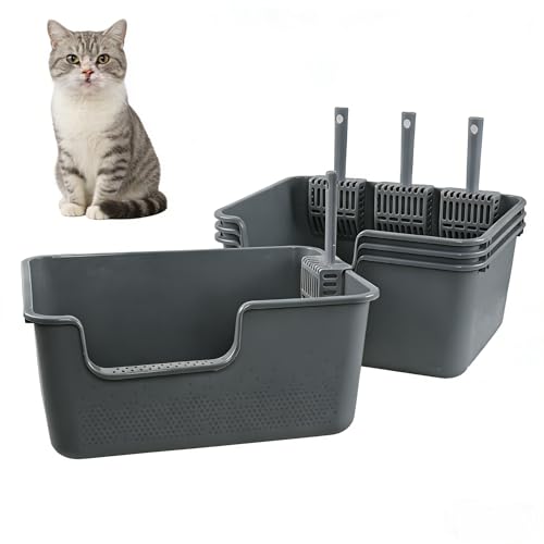 4 Packs Plastic Anti-Splashing Kitty Litter Box, Cat Litter Box High Sides, Grey