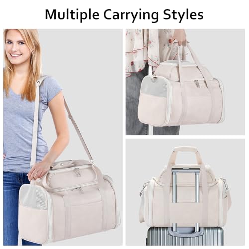 Premium Leather Top Expandable Pet Carrier for Small Dogs & Cats Under 15 lbs, Airline Approved Collapsible Soft-Sided Luxury Travel Bag Beige - color: Beige