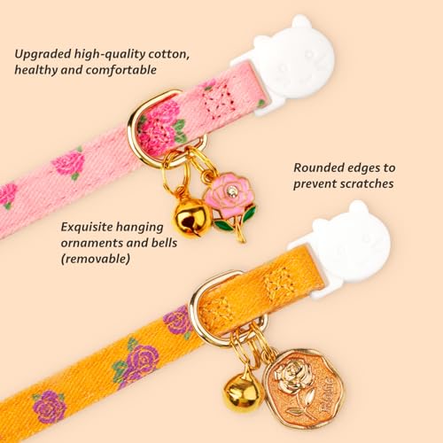 2 Pack Cotton Cat Collar Yellow and Pink Rose Cute Kitten Cat Collar | Breakaway Breathable Soft material With cute pendants with Bell - color: Yellow Rose&Pink Rose