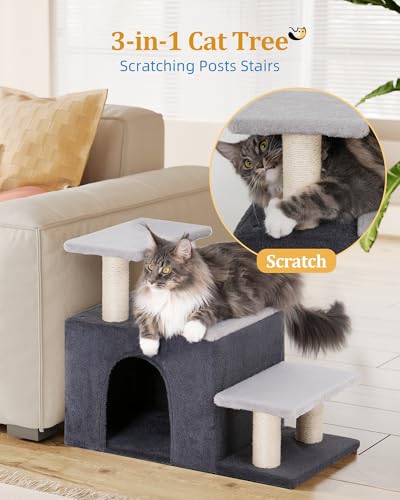 Aechonow 3-in-1 Pet Stairs for Cats, Dog Steps for Doggie Rabbits, Large | 7.8'' Depth Cat Stairs,Indoor Cat Steps for High Bed for Pet's Joints, Soft Plush, 1 Big Cat Condo Cave, Sisal Scratcher,Grey - size: Large-Gray