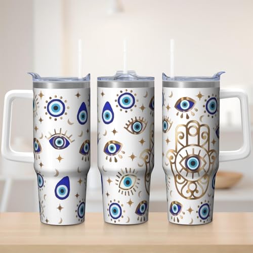 30oz Evil Eye Stainless Steel Tumbler with Handle and Straw, Evil Eyes Hand Insulated Cup Travel Coffee Mug Water Bottle with Lid and Straw, Women Gifts - color: EvilEye
