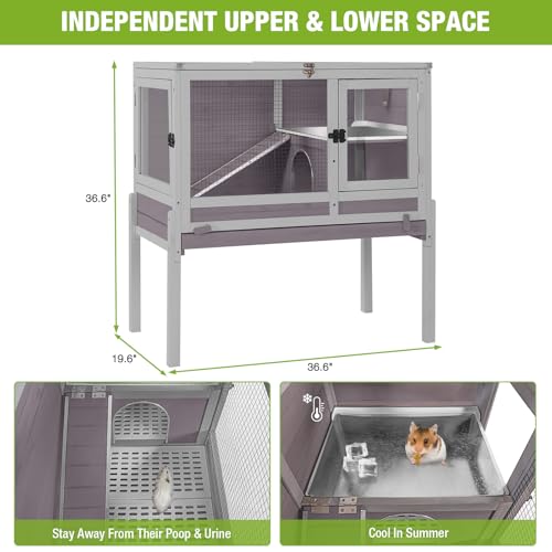Wooden Guinea Pig Cages Indoor,Two-Story Wooden Rabbit Cage Hutch with Removable Stand and Pull Out Tray, Small Animals Cage Habitat with Ramp and Plastic Mesh(Grey&Purple) - color: Grey&Purple