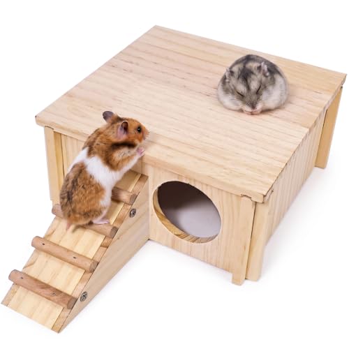 Hamster Wooden House with Ladder Hamster Wood Hideout Activity Platform Exercise Climbing Hut Natural Living Wood Room for Syrian Hamster Gerbil Mice Rat