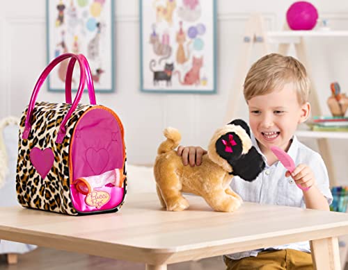 Pucci Pups Plush Pet Carrier Set, Pug with Leopard Print Carrier | 3-piece set with 1 dog with bow, 1 carrier, and 1 comb for cuddling, grooming, and take-along pretend play, Plush, 2+ Years - style: Pug - Heart Print Bag