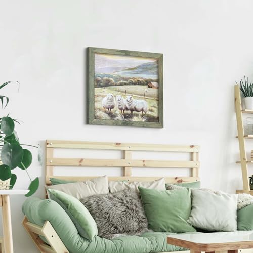 Rustic Farm Framed Wall Art: Farmhouse Animal Wood Picture Decor Country Sheep Painting Barn Countryside Print Artwork for Living Room Home Bedroom 24 x 24 Inches - color: Farm Sheep, size: 24L" x 24W"