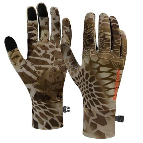 BASSDASH Unisex Fleece Liner Lightweight Camo Hunting Gloves HG07 | Stretch Fleeced Warm Anti-Slip Gloves with Touchscreen for Men Women Cool Weather Shooting Photography Fishing - color: Highland Ⅱ, size: Small