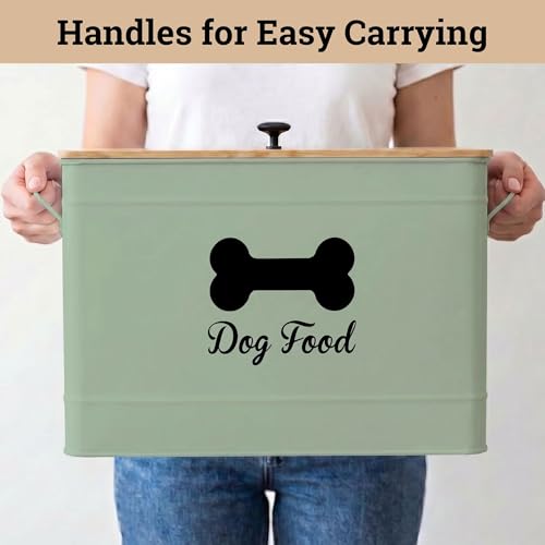 Metal Dog Food Container 15-20 lbs w/ Airtight Bamboo Lid, 70 Cup Capacity | Pet Jar For Dogs up to 100lbs, Airtight Bamboo Lid, Sturdy Comfortable Metal Handle, Powder Coated Iron, Kibble Storage Bin - color: Sage Green