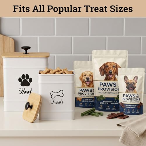 Dog Treat Container Set of 2 with Airtight Bamboo Lids - 8x6 & 7x5 inch | Fits All Popular Treats, Up to 20 Cups Combined Capacity, Airtight Bamboo Lid, Easy Open Lid, Dent-Resistant Durable Metal - color: White - Large