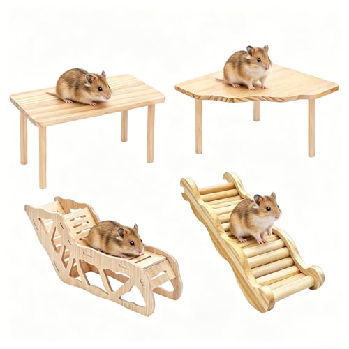 4 Pcs Hamster Platform Wooden Tunnel Ladder Hidden Play House Hamster Game Climbing Toy with Platform, Versatile Hideout & Exploration Tunnel with Ladder for Dwarf Syrian Mice Degus Gerbils Squirrel A - color: L