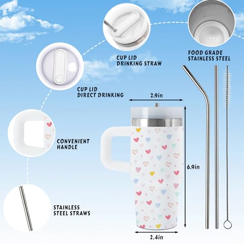 Heart 14 oz Tumbler, with Handle Straw, Stainless Steel Travel Cup | 14 oz Insulated Water Bottle, Travel Vacuum Coffee Mug, Thanksgiving Christmas Birthday Gift for Daughter, Heart Lovers Gifts - color: Heart-White