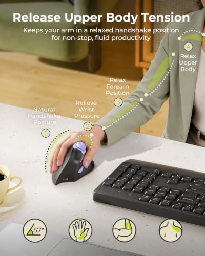 seenda MOU-302 Wireless Bluetooth Ergonomic Vertical Mouse with Volume Knob | Rechargeable 3-device mice for small/medium hands with quiet clicks, 1000/1600/2400 DPI for PC, laptop, MacBook, Black Purple - color: Black Purple