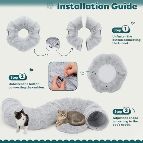 DUMOS Cat Tunnel Bed for Indoor Cats, Cave Donut Play Tunnel, Grey | Soft Plush Peekaboo, Washable Circle Cushion, Multifunctional Playground Under Tree Toys for Kittens, Puppy, Rabbit, Ferret - color: Gray
