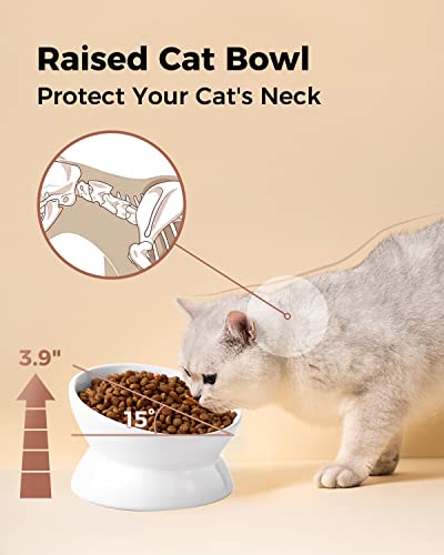 LoeJan Elevated Cat Food Bowl, 5 Oz Ceramic Raised and Tilted Water Bowl, Anti Vomiting and Protect Pets' Spines Dishes for Small Dog, Fat Faced Cat, Kitten (White, 1 Pack) - color: White