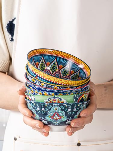 HENXFEN LEAD Boho Ceramic Dessert & Snack Bowls Set of 6, 10 oz | Assorted Patterns, Ideal for Ice Cream, Yogurt, Fruit, Nuts, Rice & Side Dishes, Microwave & Dishwasher Safe - size: 10 Oz