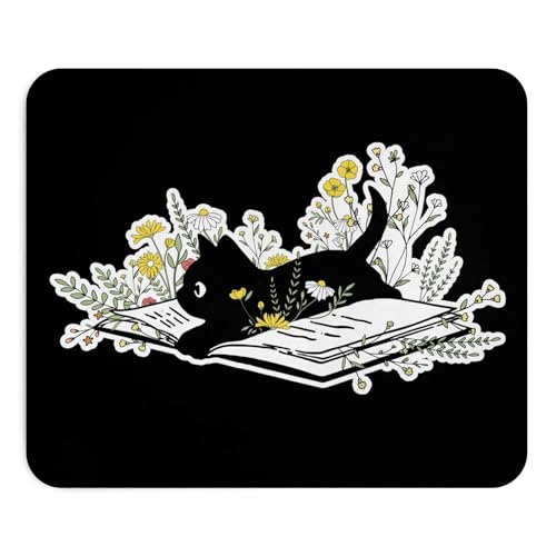 Mousepad Black Cat Reading Book with Flowers Cute Aesthetic Desk Accessory Unique Botanical Illustration Artistic Literary Style Computer Mouse pad Novelty Gaming Mouse Mat Office Decoration Creative - color: Cat Reading