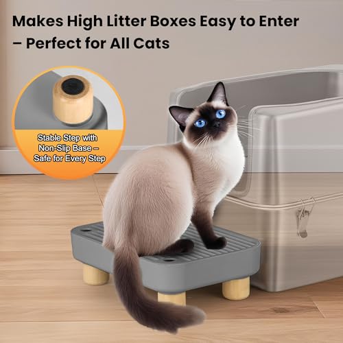 Litter Box Step, Litter Box Ramp/Catcher with Wooden Base, Anti-Tracking & Easy to Clean, Ideal for Small & Elderly Cats (Dark Gray) - color: Dark Gray