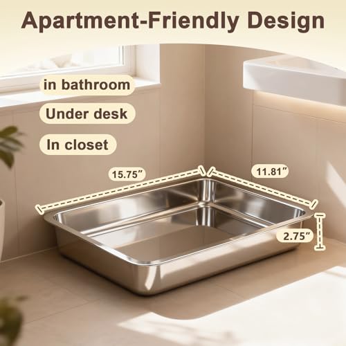 Low Entry Stainless Steel Cat Litter Box for Senior Cats, Metal Shallow Kitten Litter Box, Easy Access Kitty Litter Pan Tray, Easy Cleaning-15.75''Lx 11.81'' W x2.76'' H - color: 15.75''Lx 11.81'' W x2.76'' H