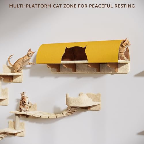 26-in-1 Cat Wall Shelves with Cat Tree, 40''L Tunnel, Moon, Beige | Wall Mounted Cats Furniture Set with Plush Fabric, Cat Climbing Systems for 16 Inch Drywall, with Scratching Posts, Bridge - color: Beige, size: 26-in-1