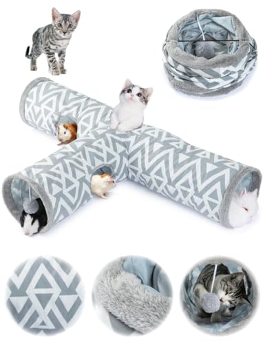 JanYoo Plush Rabbit Hideout Bunny Tunnel and Tube 3 Ways Guinea Pig Tunnel | 47'' Collapsible Cat Toys with Interactive Ball for Indoor Kittens Rabbits Ferret Guinea Pigs Pet Accessories