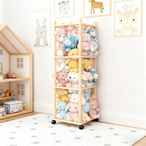 Stuffed Animal Zoo Storage with Lockable Wheels, Natural Wood | Sturdy Solid Wood Toy Organizer, Large Capacity Plush Toy Cage, Space-Saving for Toddler/Playrooms/Bedrooms - color: Natural Wood