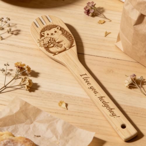 GLOBLELAND 6 Pcs Hedgehog Wooden Spoons Utensil Set Hedgehog Flowers Bamboo Carving Kitchen Cooking Utensils Wooden Engraved Cooking Spatula Sets for Kitchen Fun House Warming Gift - color: Hedgehog