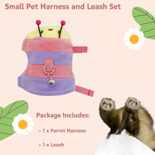 Ferret Harness and Leash Set - Small Animal Soft Fleece Vest with Safe Bell Halloween Outfit Adjustable Traction Rope Outdoor Walking Training Leash for Ferret Rat Bearded Dragon Kitten (Pink) - color: Pink