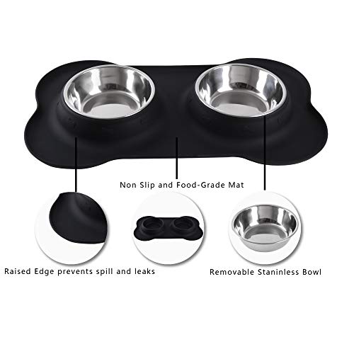 Hubulk Pet Dog Bowls 2 Stainless Steel Dog Bowl with No Spill Non-Skid Silicone Mat + Pet Food Scoop Water and Food Feeder Bowls for Feeding Small Medium Large Dogs Cats Puppies (M, Black) - color: Black, size: Medium