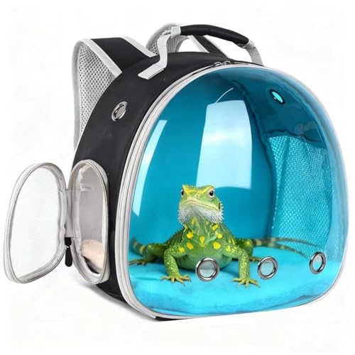 Bearded Dragon Travel Carrier Backpack with Soft Warm Mat Set,Lizard Backpack Carrier,Space Capsule Clear Bubble Window Astronaut Reptile Carrier Backpack for Guinea Pig,Sugar Glider,Bunny - color: Blue