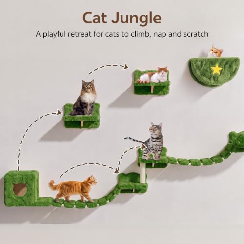 13-in-1 Cat Wall Shelves, Moon & Bridge Cat Wall Furniture, Green | Wall Mounted Cats Shelf Set with Plush Fabric, Cat Climbing Systems for 16 Inch Drywall, Condo, Scratching Post, Space-Saving - color: Green, size: 13-in-1