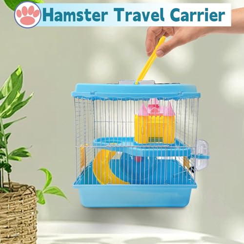 Tfwadmx Hamster Carrier, Dwarf Hamster Travel Cage, Portable Cages with Water Bottle, Gerbil Travel Carry Case Outdoor Vacation House for Small Mice(Blue,10.6”x8”x11.4”) - color: Blue
