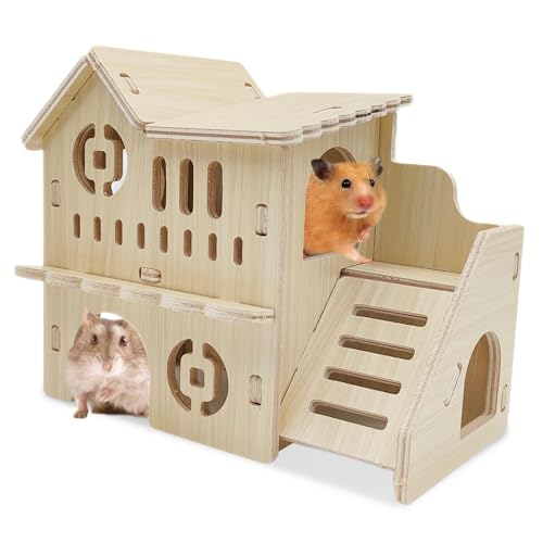 Hamiledyi Wooden Hamster Hideout Maze Small Animal Activity Toy Hamster House and Habitat Wooden Hut with Ladder for Dwarf Hamsters Small Gerbils Tiny Mice and Other Similar Sized Animals