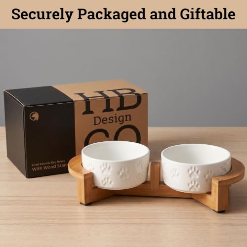 Ceramic Dog Bowl Set of 2, Anti-Skid Bamboo Stand, Elevated, 2 Cups Each | Thick Ceramic Food and Water Bowls Set of 2, Dishwasher Safe, Anti-Skid Rubber Base, 2 Cups per Bowl, Sturdy Bamboo Stand - color: White with Stand, size: Small