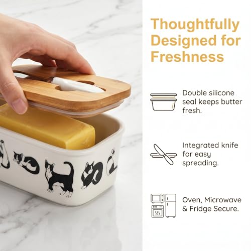 Cute Black White Cat Print Ceramic Butter Dish with Bamboo Lid & Butter Knife, Covered Butter Keeper Container Fits Standard Western Butter Stick for Kitchen Countertop Fridge Storage - color: Cute cat