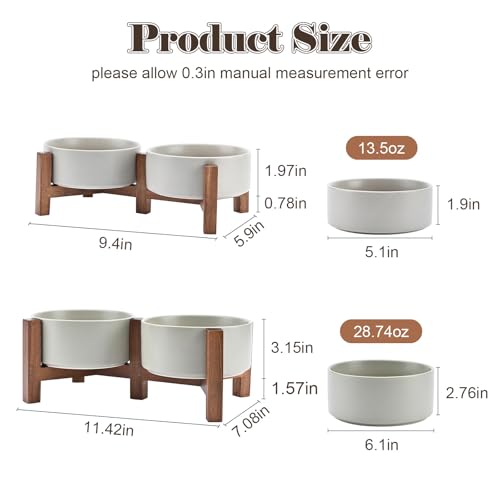 SPUNKYJUNKY Ceramic Dog Bowls Set with Acacia Wood Stand - Raised Dog Food and Water Bowl for Small Dogs (13.52 OZ, Gray) - color: Gray, size: 13.52 Oz