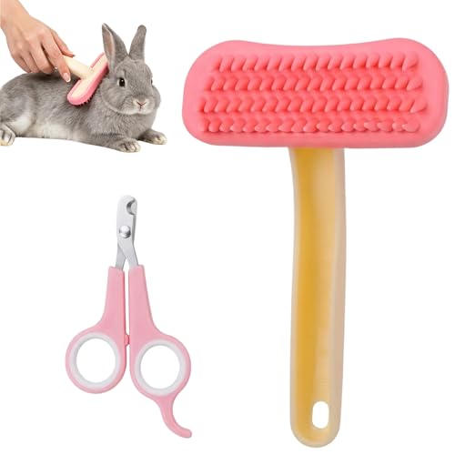 Bunny Brush for Grooming, Desktop Decor Set with Hair Buster Comb Rabbit and Nail Clipper, Rabbit Brush for Adult Stress Relief and Collectible Display, Guinea Pig for Pet Care Accessories