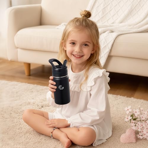 14 Oz Kids Water Bottle, Stainless Steel Water Bottle with Straws, Leak-Proof, BPA-Free, Insulated Water Bottles for School Boys & Girls|Black - color: Black