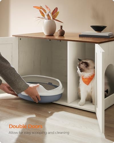 Feandrea Cat Litter Box Enclosure, Litter Box Furniture Hidden with Removable Divider, Indoor Cat House, End Table, 31.5 x 20.9 x 19.7 Inches, Honey Brown and Rustic White UPCL002P01 - color: Honey Brown + Rustic White, size: L (31.5"L x 20.9"W x 19.7"H)