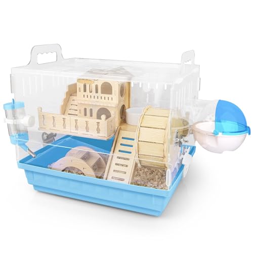 Cycodo 8 in 1 Acrylic Hamster Cage,2-Tier Dwarf Hamster Cage with Wooden Wheel & Hideout,Small Hamster Habitat with Accessories,Clear Pet Mice House(Blue,14" L*10" W*11" H) - color: Blue