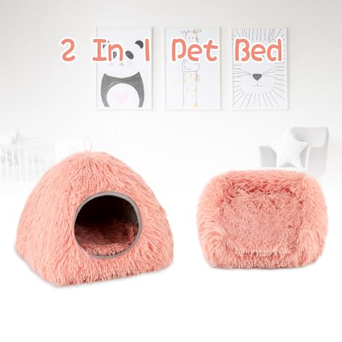 YUEPET Guinea Pig Bed, Warm Rabbit Bed, Bunny Hideout, Pink Plush Cave | Cozy Rabbit Hideout, Long-Plush Fabric, Removable Washable Cushion, 2-in-1 Cave & Sofa Bed, Pink, Semi-Closed Design - color: Pink