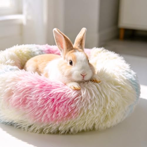 2 Pack Rabbit Bed, Fluffy Donut Shaped Bunny Hideout Comfort Sleeping Mat | Washable Comfort Hideaway Nest Bed for Guinea Pig, Kitten, Chihuahua, Small Pet - color: Dark Gray + Rainbow
