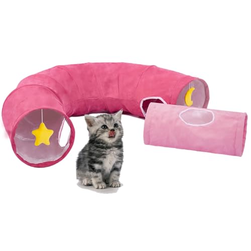 Cat Tunnel, Large Indoor Durable Collapsible Interactive Cat Tube with Peek-A-Boo Hole, Hanging Toys, and Crinkly Paper Lining - Cute Tunnel for Cats, Kittens, Puppies & Rabbits, Pink - color: PINK
