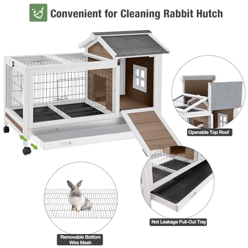 Wooden Rabbit Hutch Indoor and Outdoor, Rabbit Cage with Removable Wire Netting and Leak Proof Tray, Mobile Bunny Cage with Wheels (Brown)