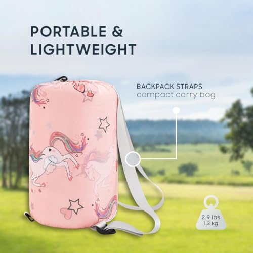 Wake In Cloud - Kids Sleeping Bag for Girls Toddlers, Camping in Warm Cold Weather, Backpacking Lightweight Compact Outdoor Liner for 3 Seasons, Unicorns Stars Hearts - color: Light Pink