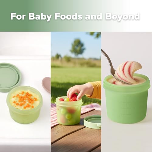 Haakaa Silicone Baby Food Containers, 4oz/120ml Baby Food Jars with Leakproof Animal Lids and Tray, Freezer-Safe Storage for Homemade Purees, Snacks & Meal Prep, 4 Pack, Spring Green Tray - color: Spring Green Tray
