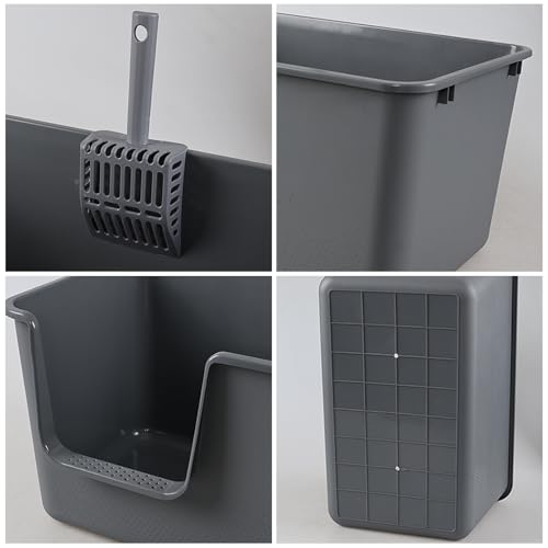 Set of 4 Open Top High Sided Cat Litter Pan, Large Cat Litter Box | Easy Entry, Tall Walls Help Reduce Scatter, Durable Plastic, Ideal for Big Cats and Multi-Cat Homes, with Scoops, Grey